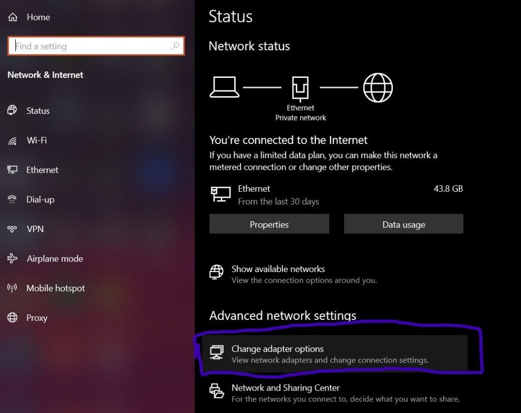 network setting page in windows. Displays how to click on "change adapter options"