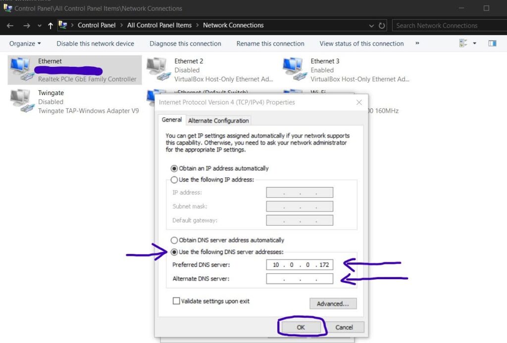 Editing the DNS settings in IPV4 properties