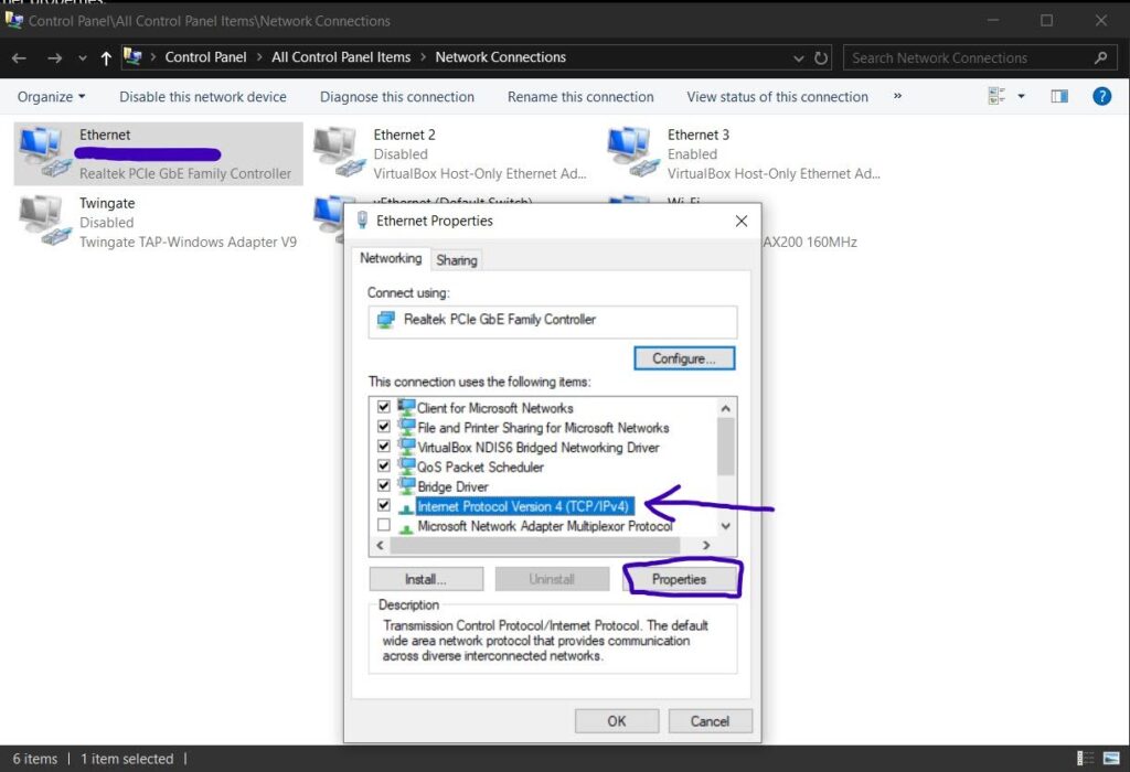 screenshot showing properties of network adapter. Screenshot displays how to edit IPV4 properties.