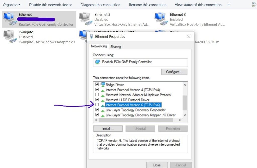 Image showing how to turn off IPV6 in network adapter properties.  