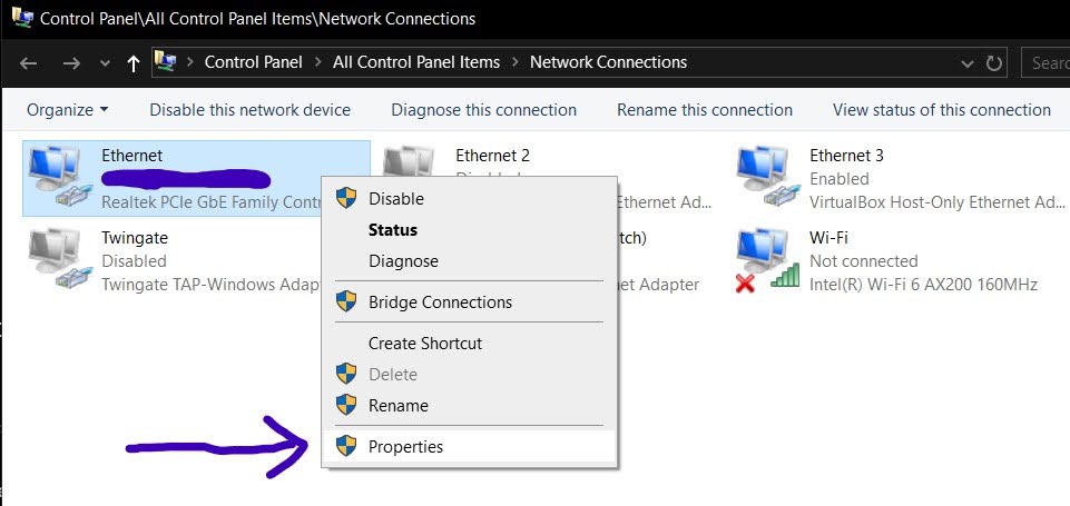 network setting displaying all the network interfaces on device.