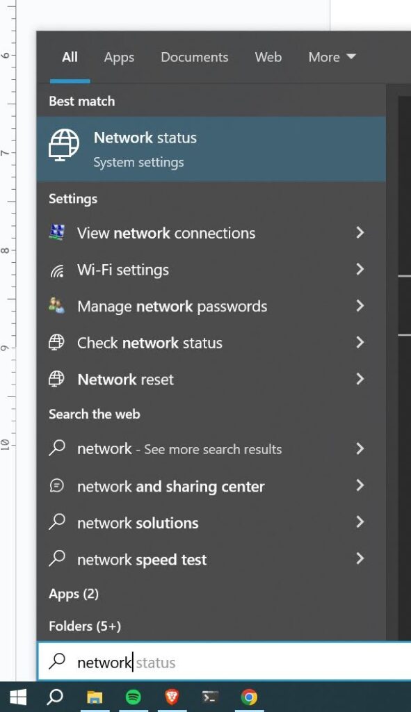 searching for network status in search bar