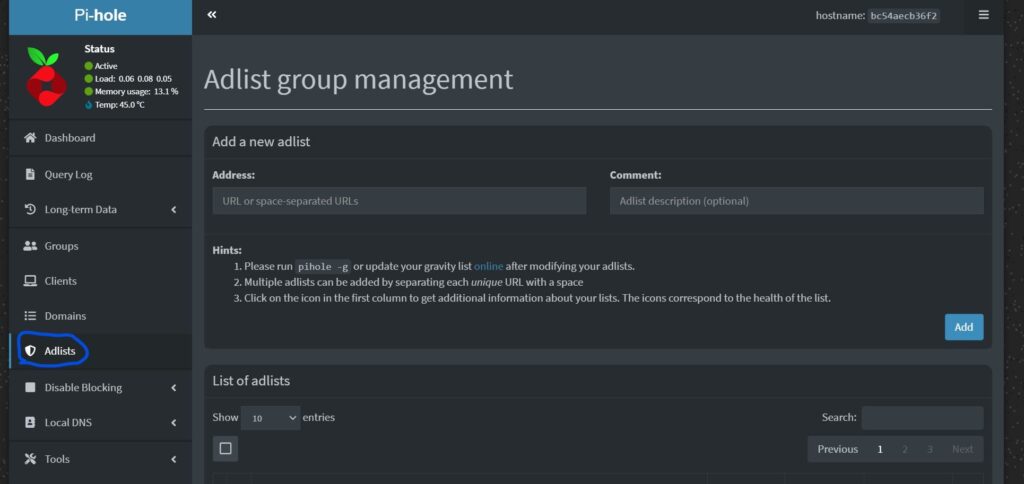 Ad list tab in the pihole web interface