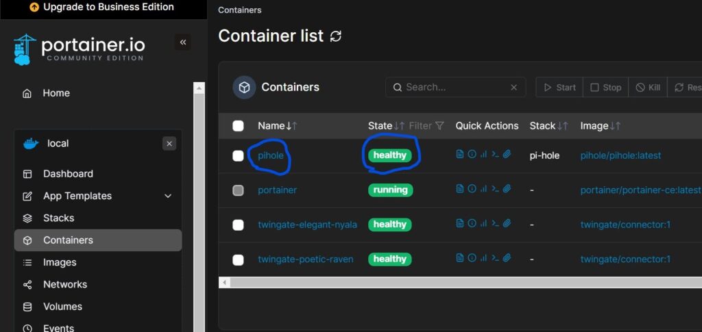 Portainer container status page