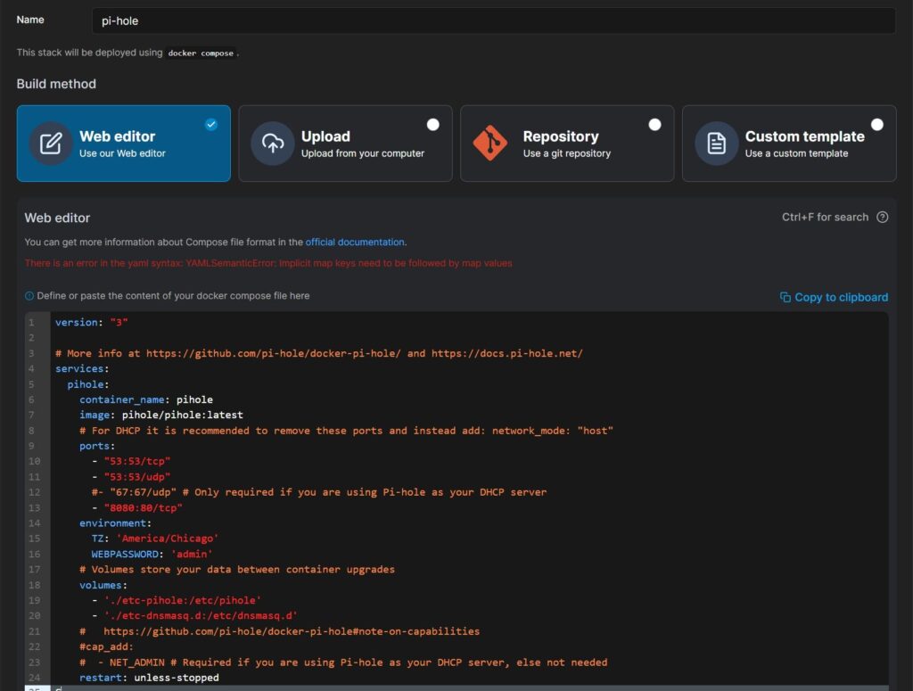 Portainer stack deployment with the correct set up.