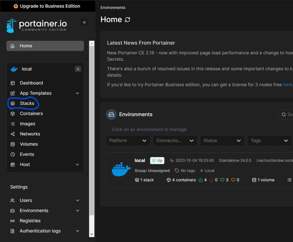 Image of portainer web interface to show where the Stacks tab.